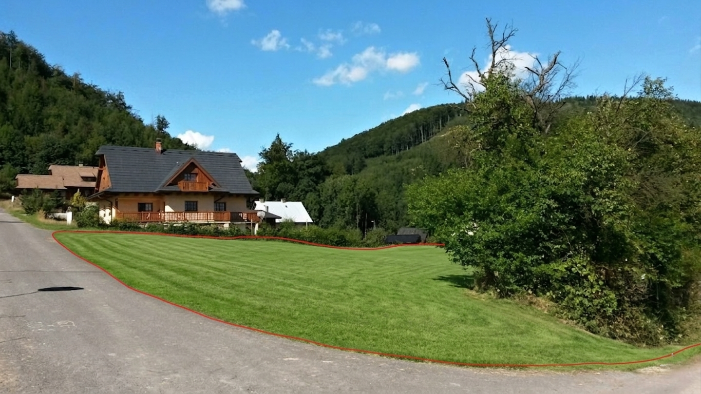 Stavební pozemek na prodej. Označen červeným ohraničením.